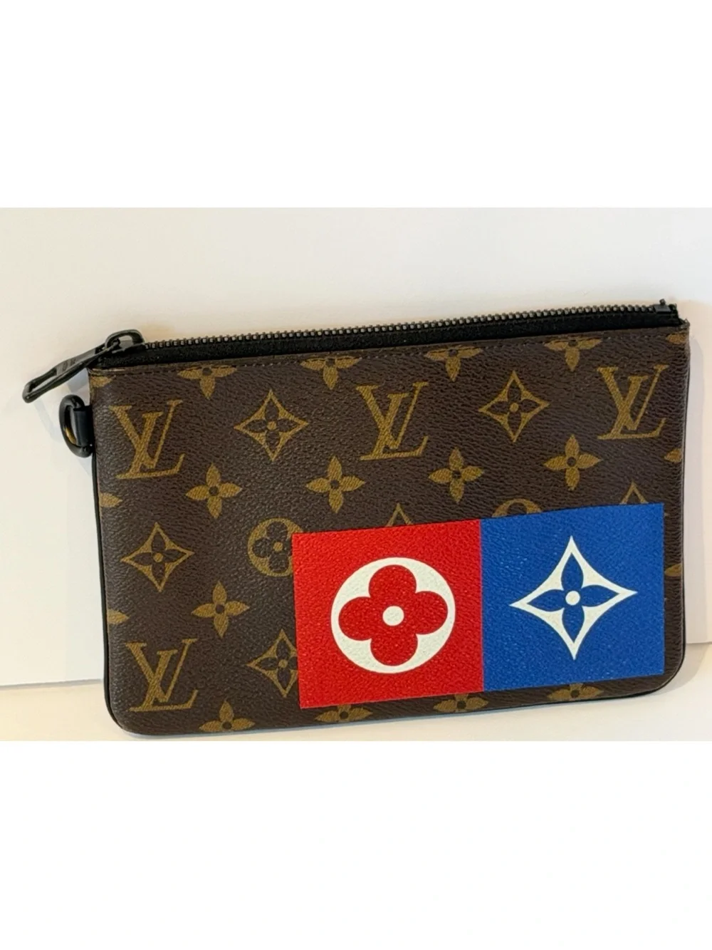 Louis Vuitton Brown Unisex Monogram Zip Pouch with Red & Blue Panels
